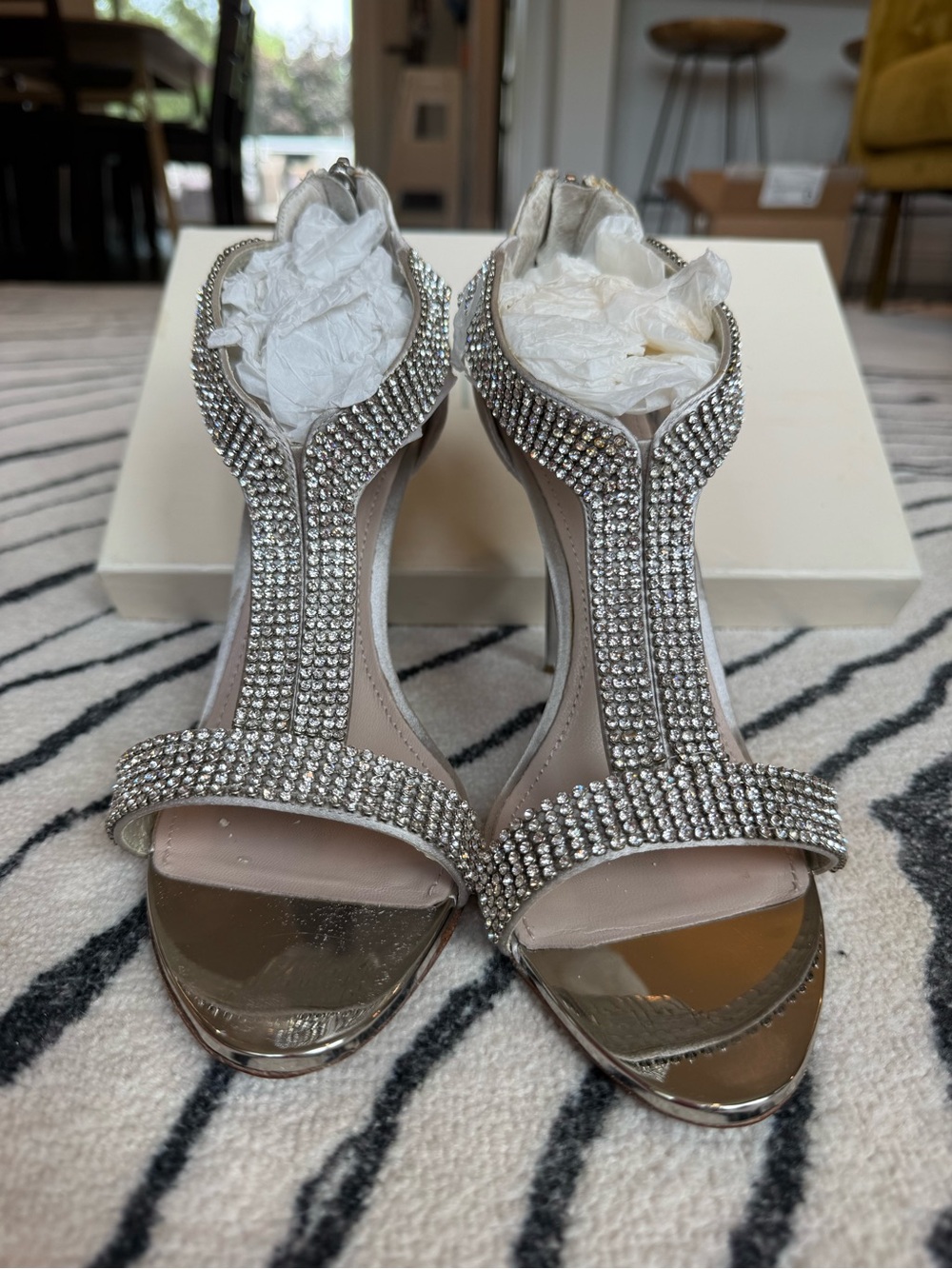 GLINT Rhinestone T-Strap Satin Heels | Silver | Size 9M